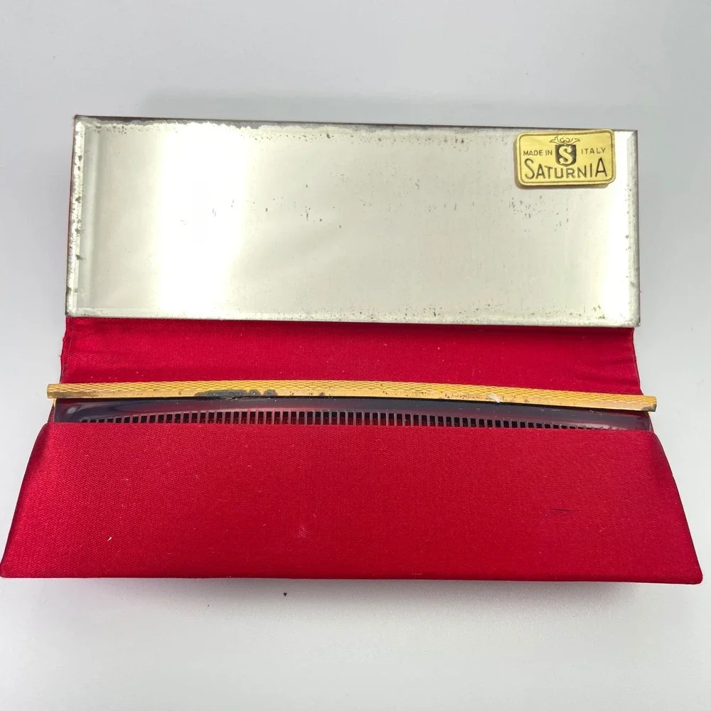 Vintage Saturnia Italy Vanity Comb Mirror Set Red Case Limoges‎ Portrait Rare